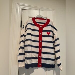 Striped Button-Up Cardigan with Red Heart Accent